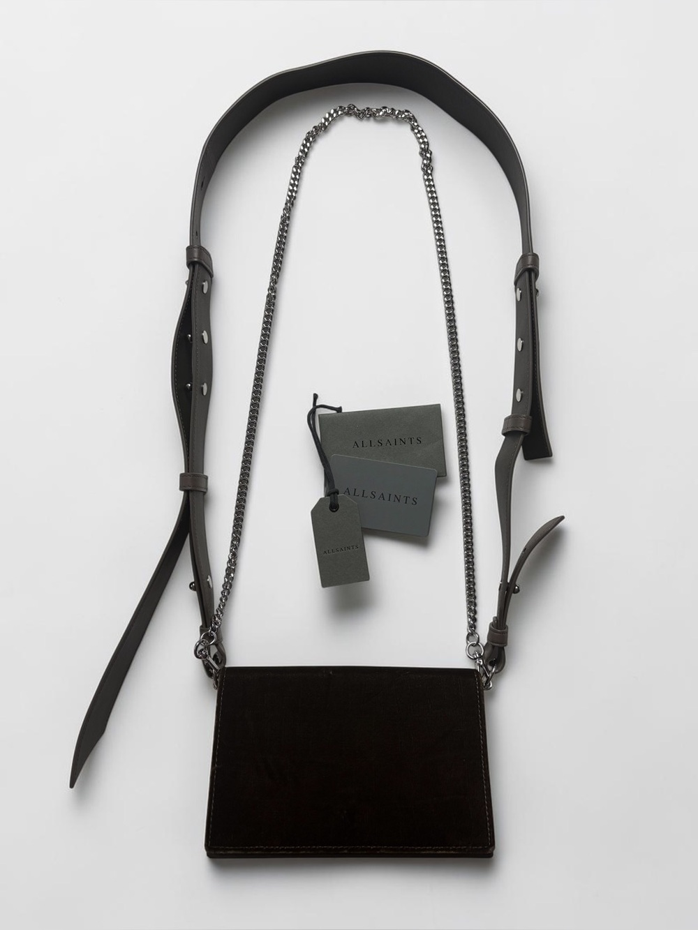AllSaints Keel Shoulder Bag Mink Grey Velvet Leather Convertible Crossbody WB222